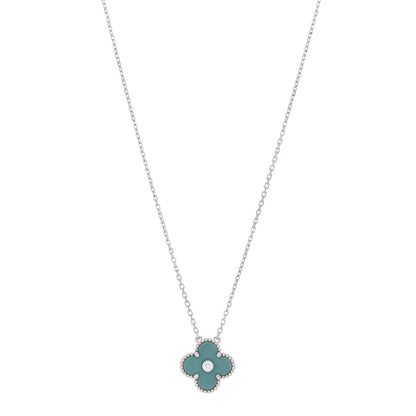 Van Cleef & Arpels 18K White Gold Diamond Celadon Green Sevres Porcelain Vintage Alhambra Pendant Necklace 1 of 6