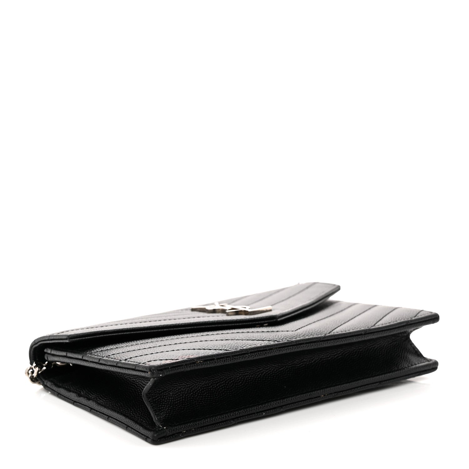 Saint Laurent Grain De Poudre Matelasse Chevron Monogram Envelope Chain Wallet Black 4 of 13