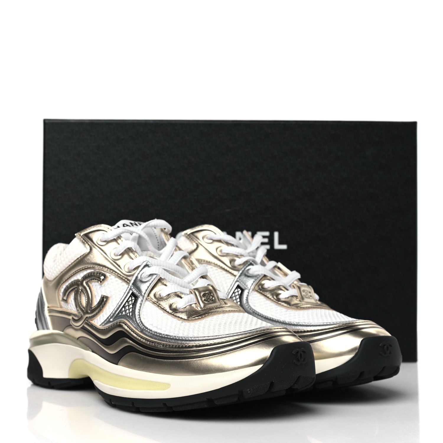 Chanel Fabric Laminated Calfskin Stretch CC Sneakers 38 White Gold Silver 9 of 9
