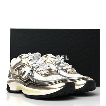 Chanel Fabric Laminated Calfskin Stretch CC Sneakers 38 White Gold Silver 9 of 9