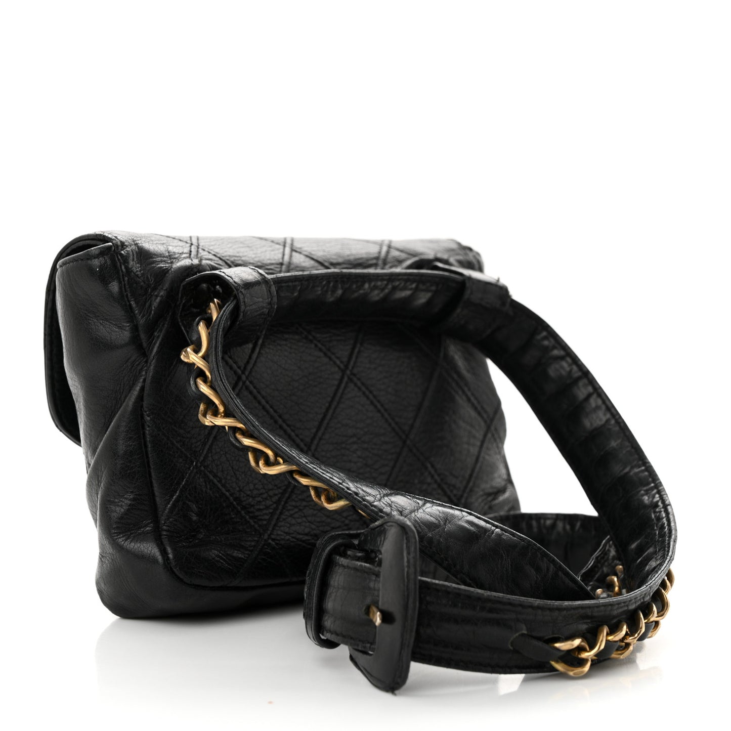 Calfskin Quilted Flap Waist Belt Bag Black
