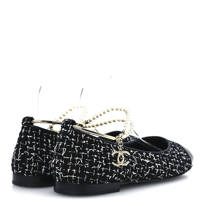 Chanel Tweed Lambskin Cap Toe Ankle Chain Ballerina Flats 39.5 Black White 5 of 10