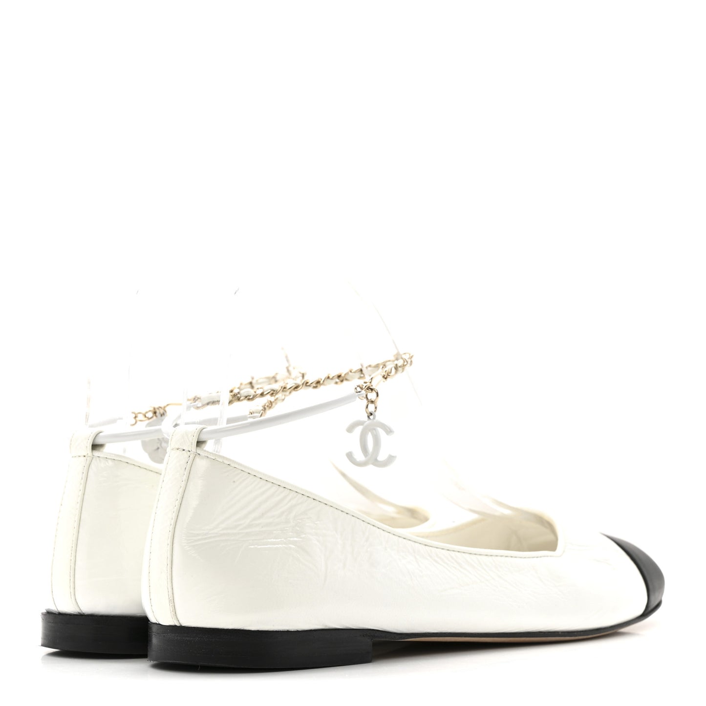 Shiny Lambskin Metal Cap Toe Ankle Chain Ballerina Flats 39.5 White Black