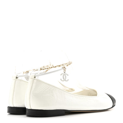 Chanel Shiny Lambskin Metal Cap Toe Ankle Chain Ballerina Flats 39.5 White Black 5 of 14