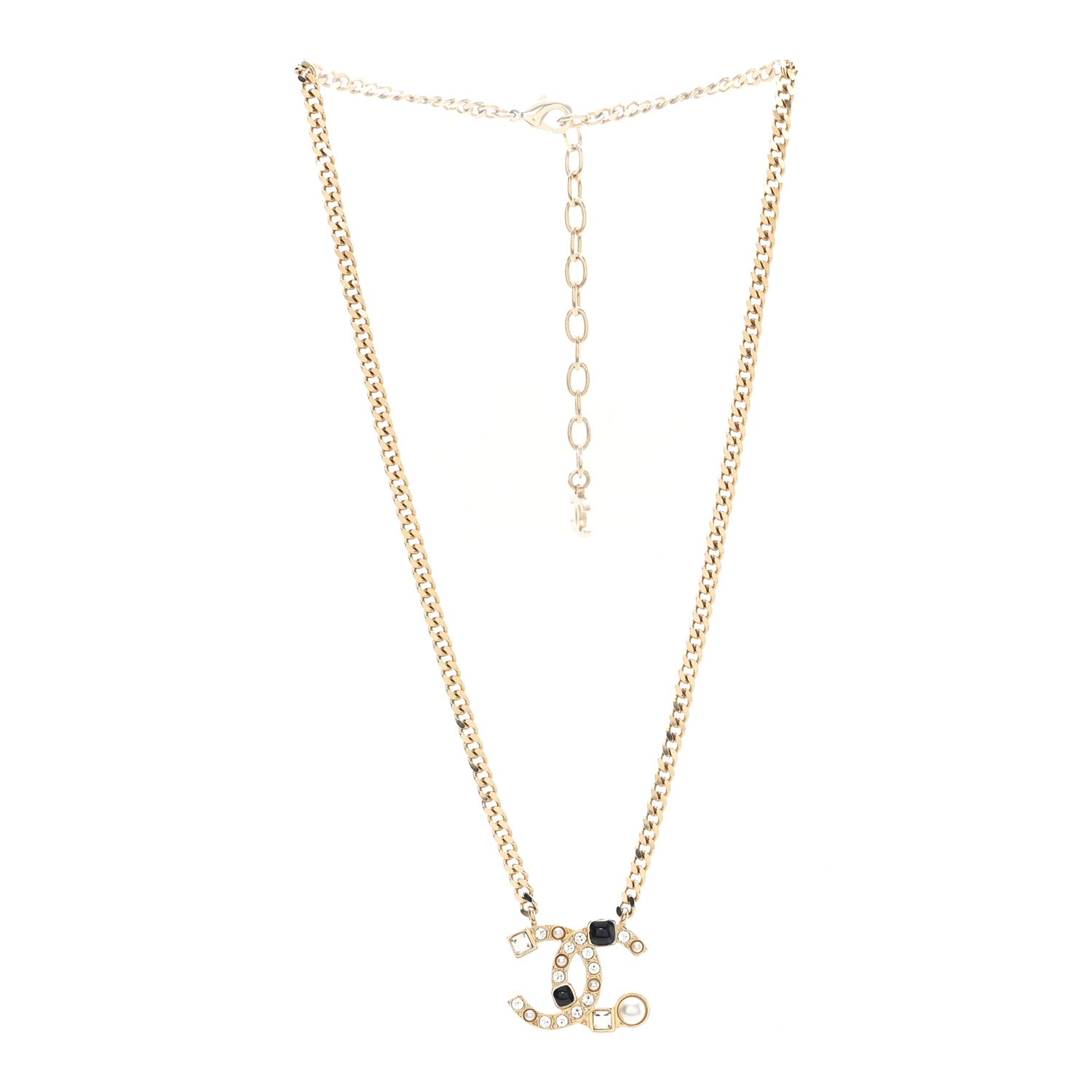 Chanel Crystal Pearl Resin CC Chain Necklace Gold Pearly White Black 3 of 5