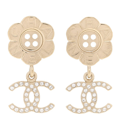 Chanel Crystal CC Flower Button Dangle Earrings Gold 1 of 5