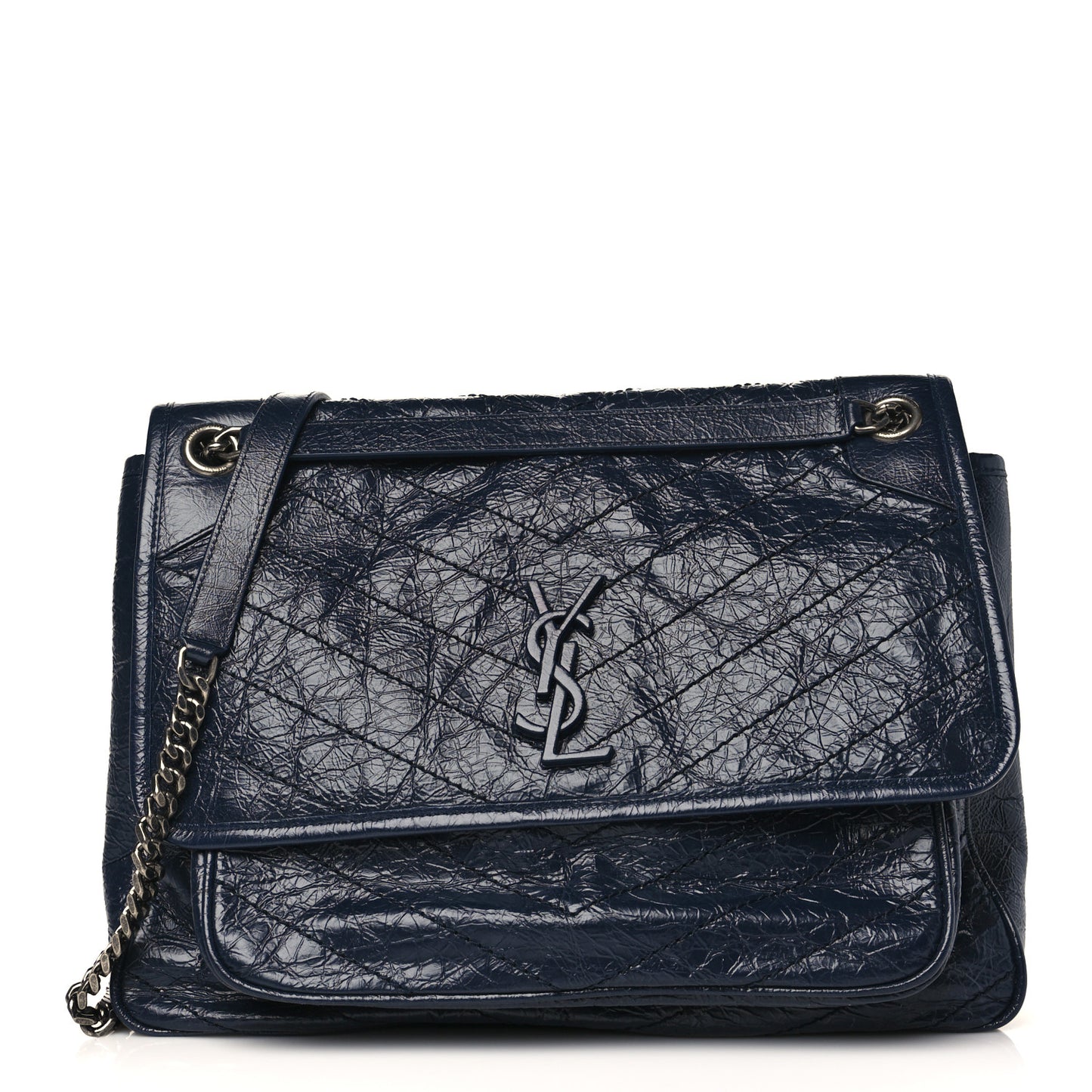 Crinkled Calfskin Matelasse Monogram Large Niki Chain Satchel Deep Marine