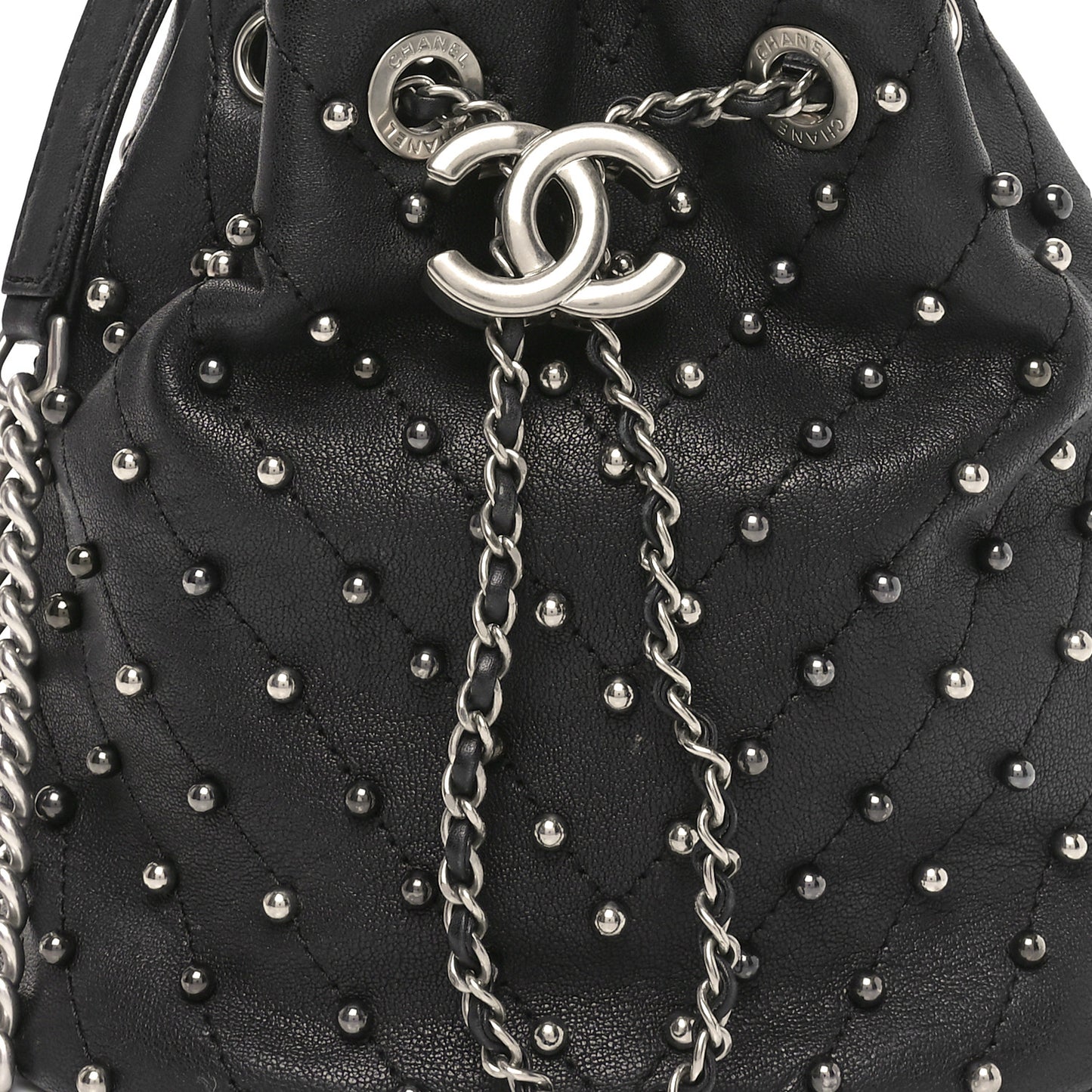 Lambskin Studded Chevron Quilted Small Stud Wars Drawstring Bag Black