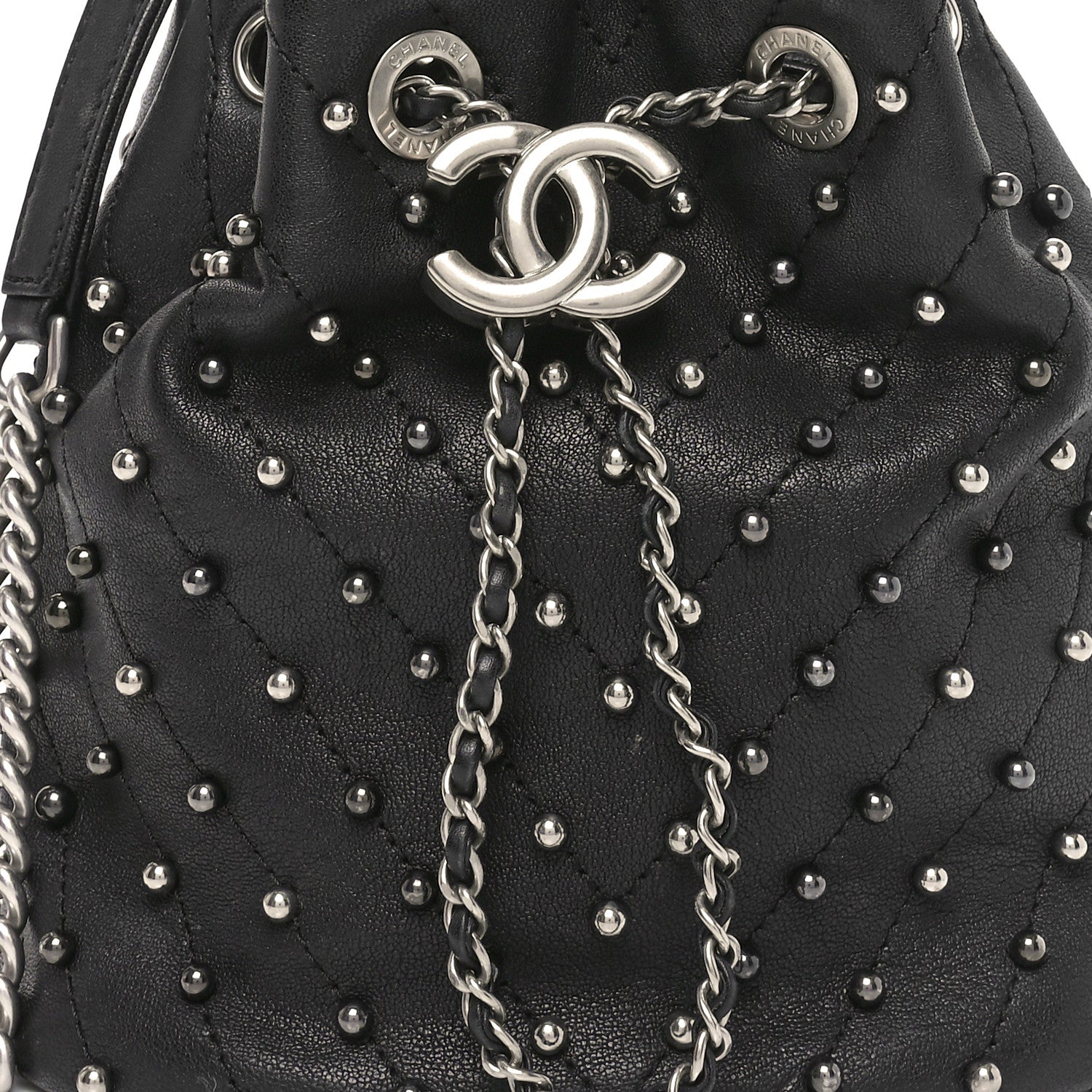 Chanel Lambskin Studded Chevron Quilted Small Stud Wars Drawstring Bag Black 8 of 10