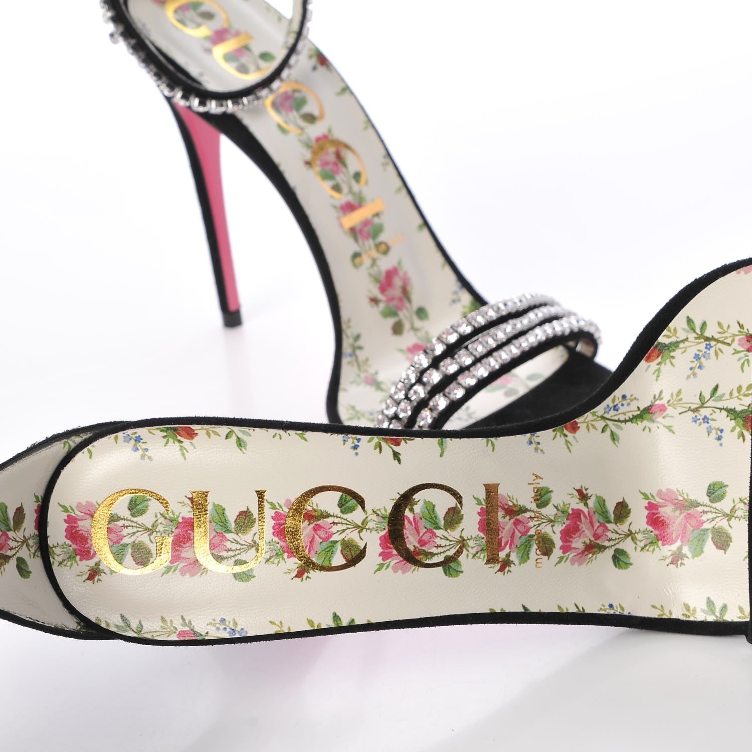 Gucci Kid Scamosciato Crystal Ankle Strap High Heel Sandals 39.5 Black 6 of 9