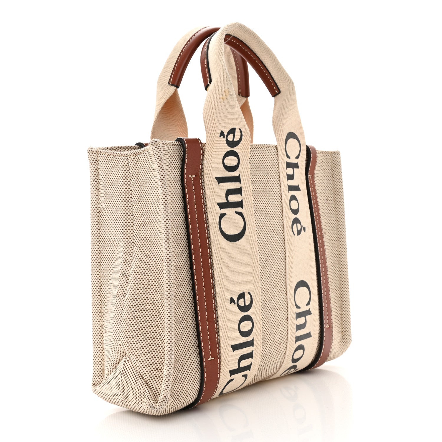 Chloe Cotton Calfskin Small Woody Ribbon Tote White Brown 3 of 12