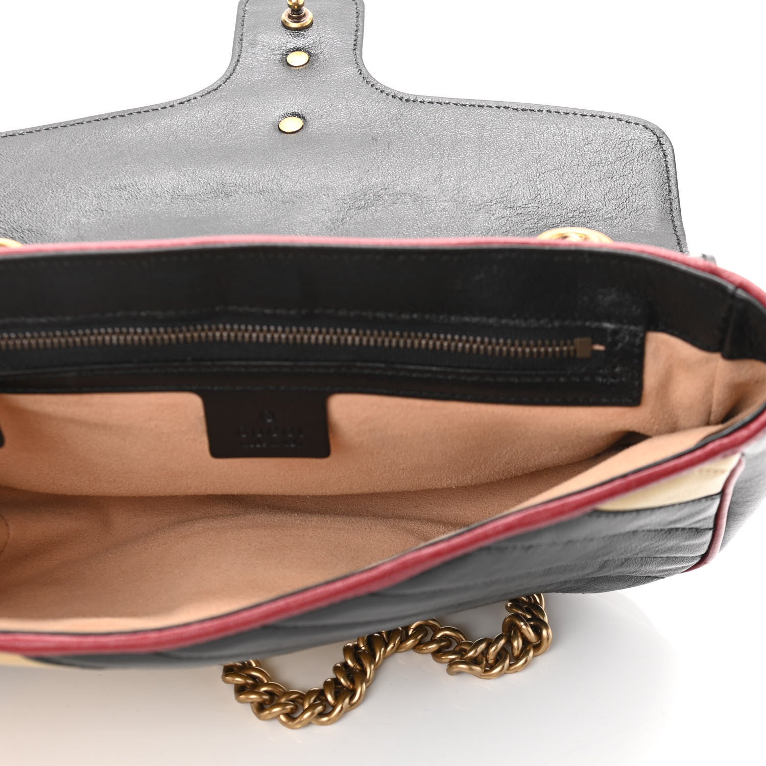 Gucci Vintage Effect Calfskin Matelasse Diagonal Striped Small Torchon GG Marmont Shoulder Bag Black Beige 5 of 10