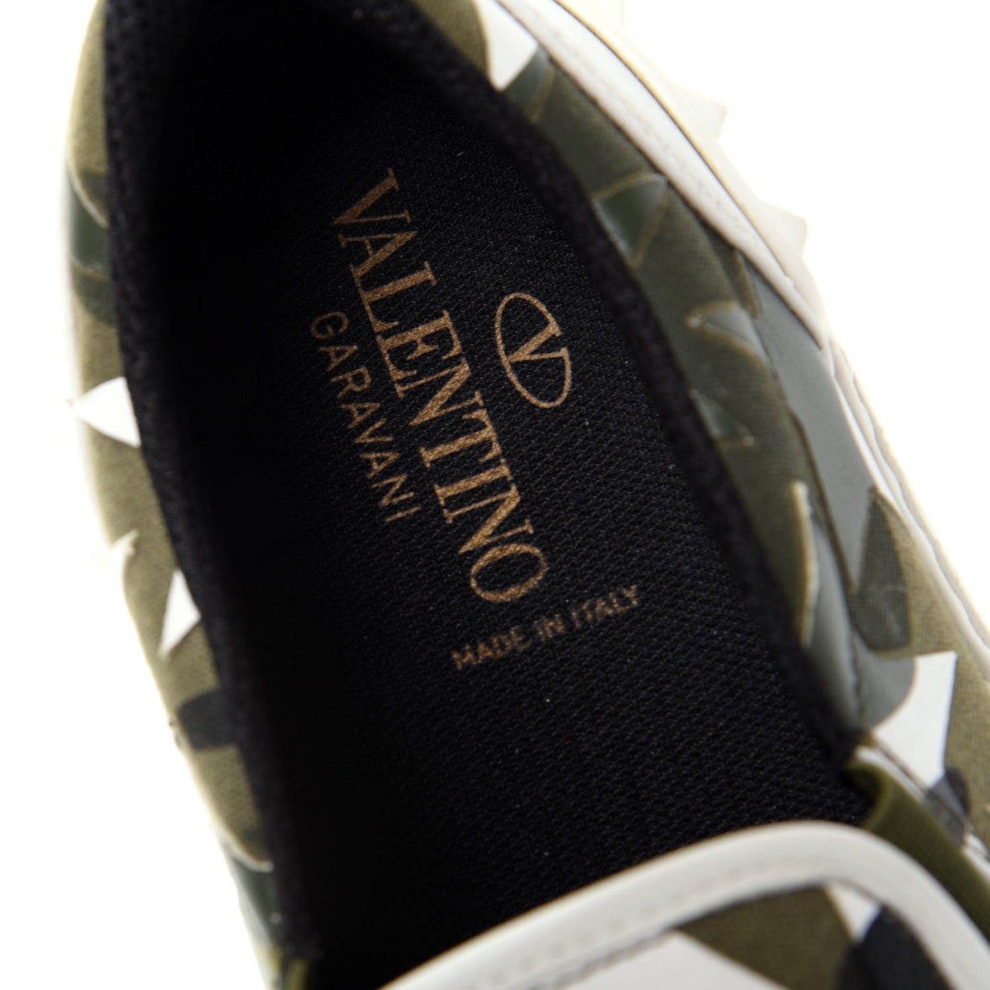 Canvas Calfskin Camustars Rockstud Slip On Sneakers 37 Army Green White