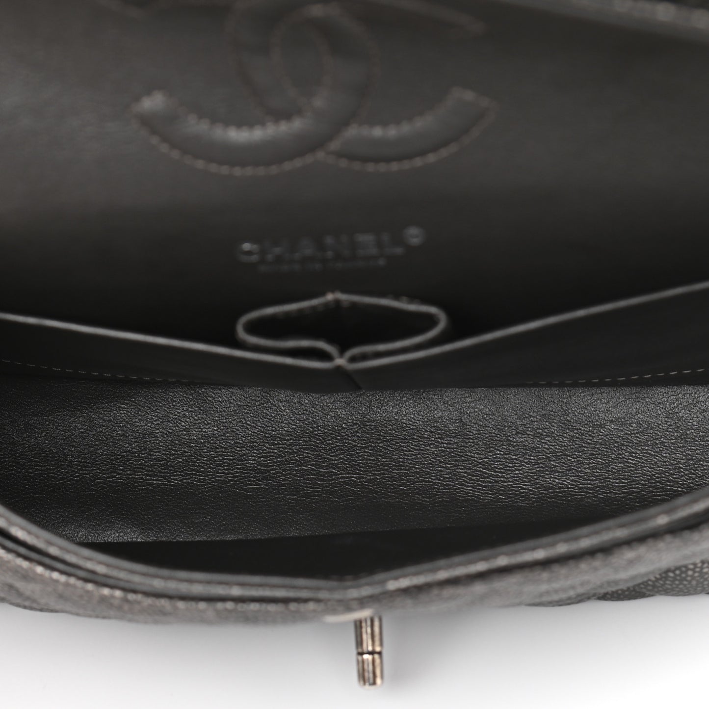 Metallic Caviar Quilted Medium Double Flap Dark Grey