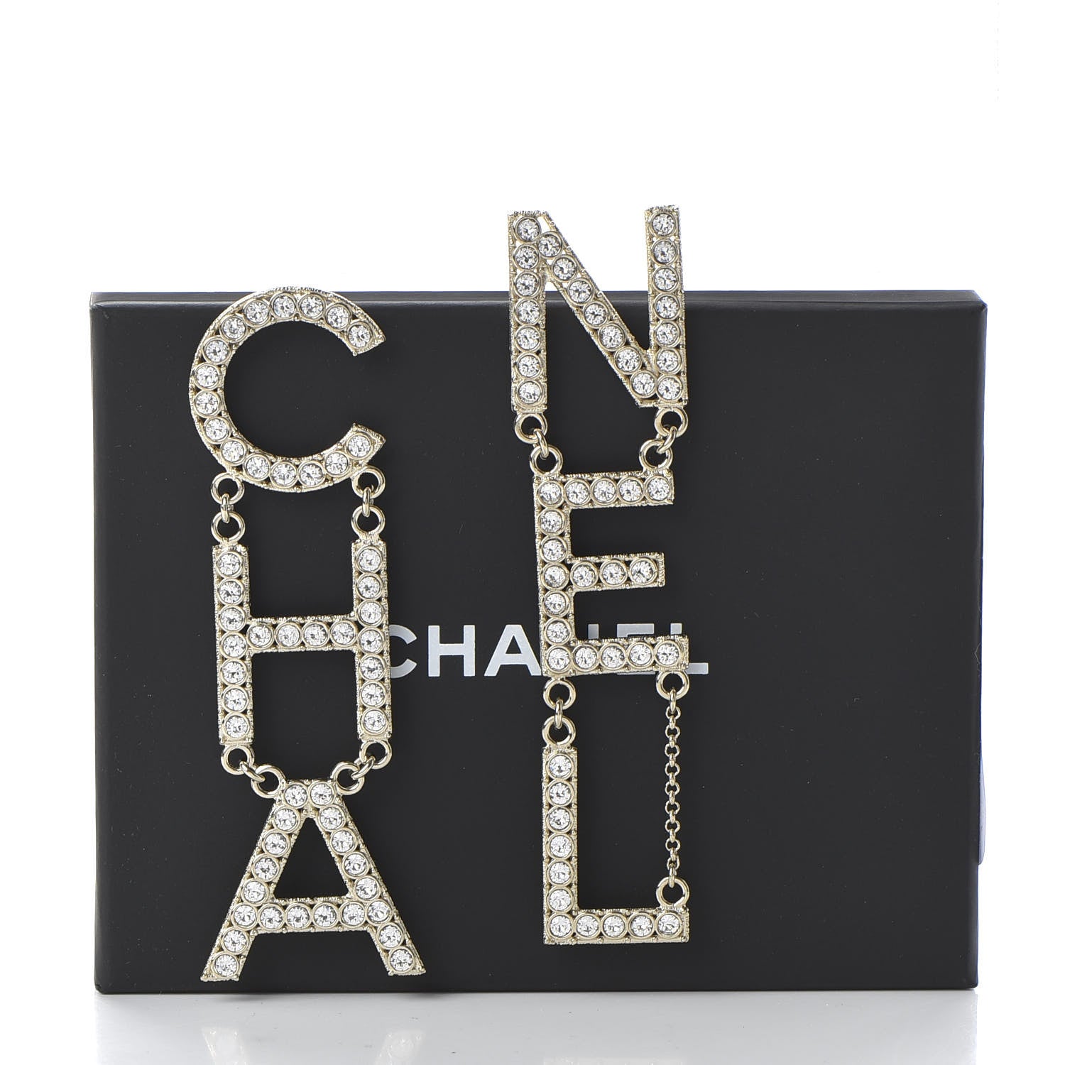 Chanel Crystal Cha-Nel Logo Drop Earrings Gold 5 of 5