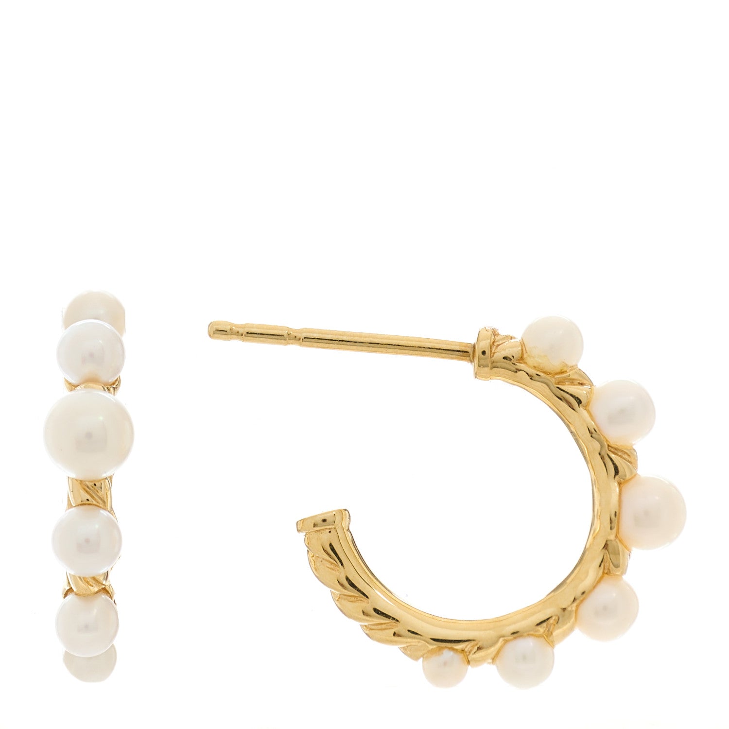 David Yurman 18K Yellow Gold Pearl 15mm Petite Perle Hoop Earrings 1 of 4