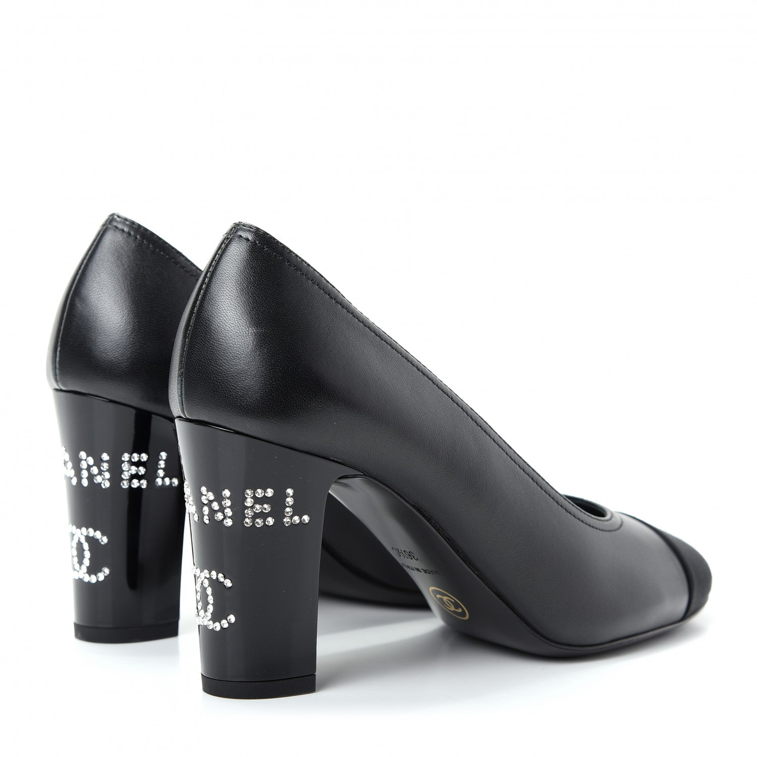 Chanel Calfskin Grosgrain Crystal Cap Toe Logo Pumps 36.5 Black 4 of 9