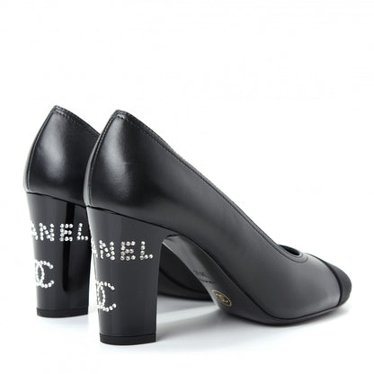 Chanel Calfskin Grosgrain Crystal Cap Toe Logo Pumps 36.5 Black 4 of 9