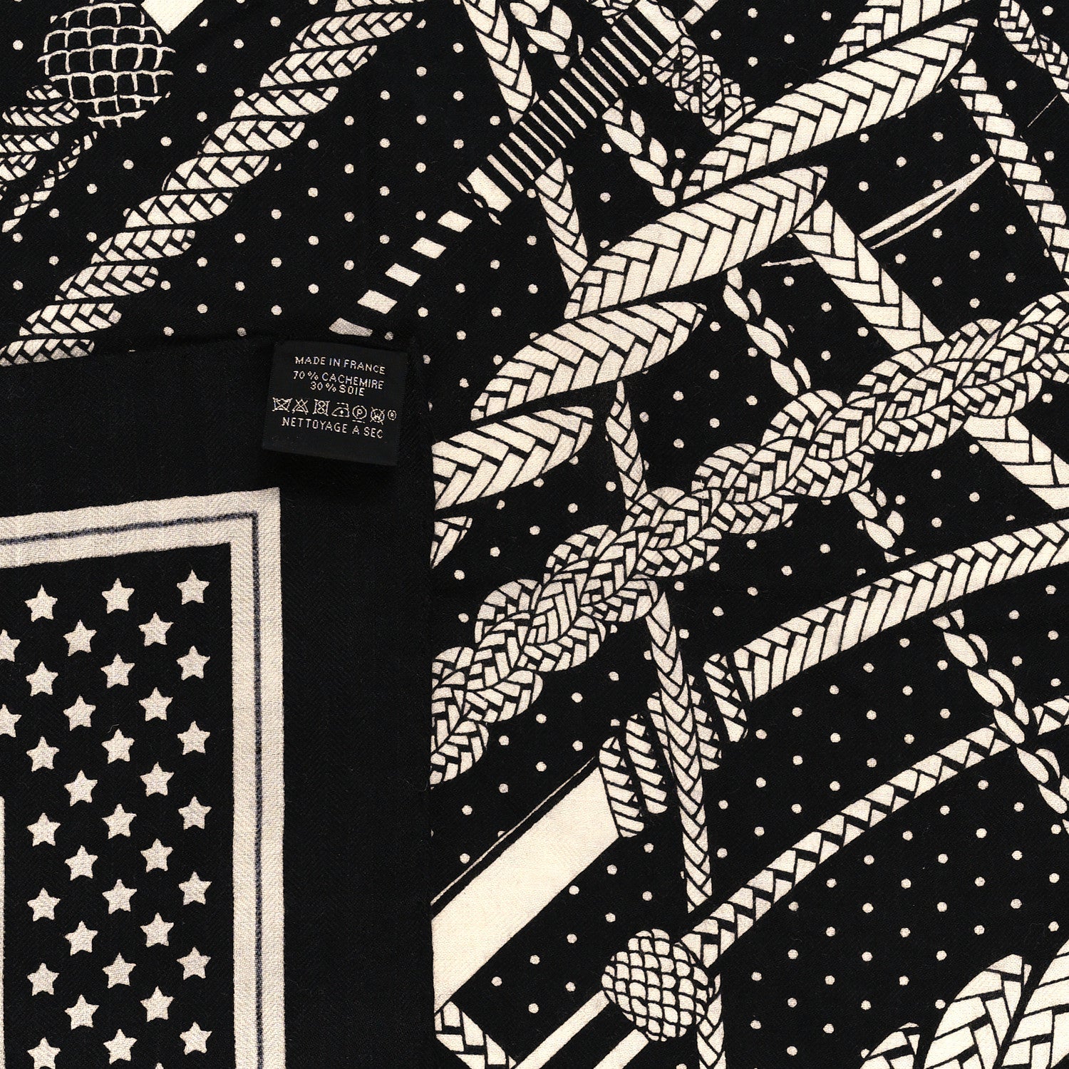 Hermes Silk Cashmere Fouets Et Badines Bandana Shawl 140 White Black 7 of 7