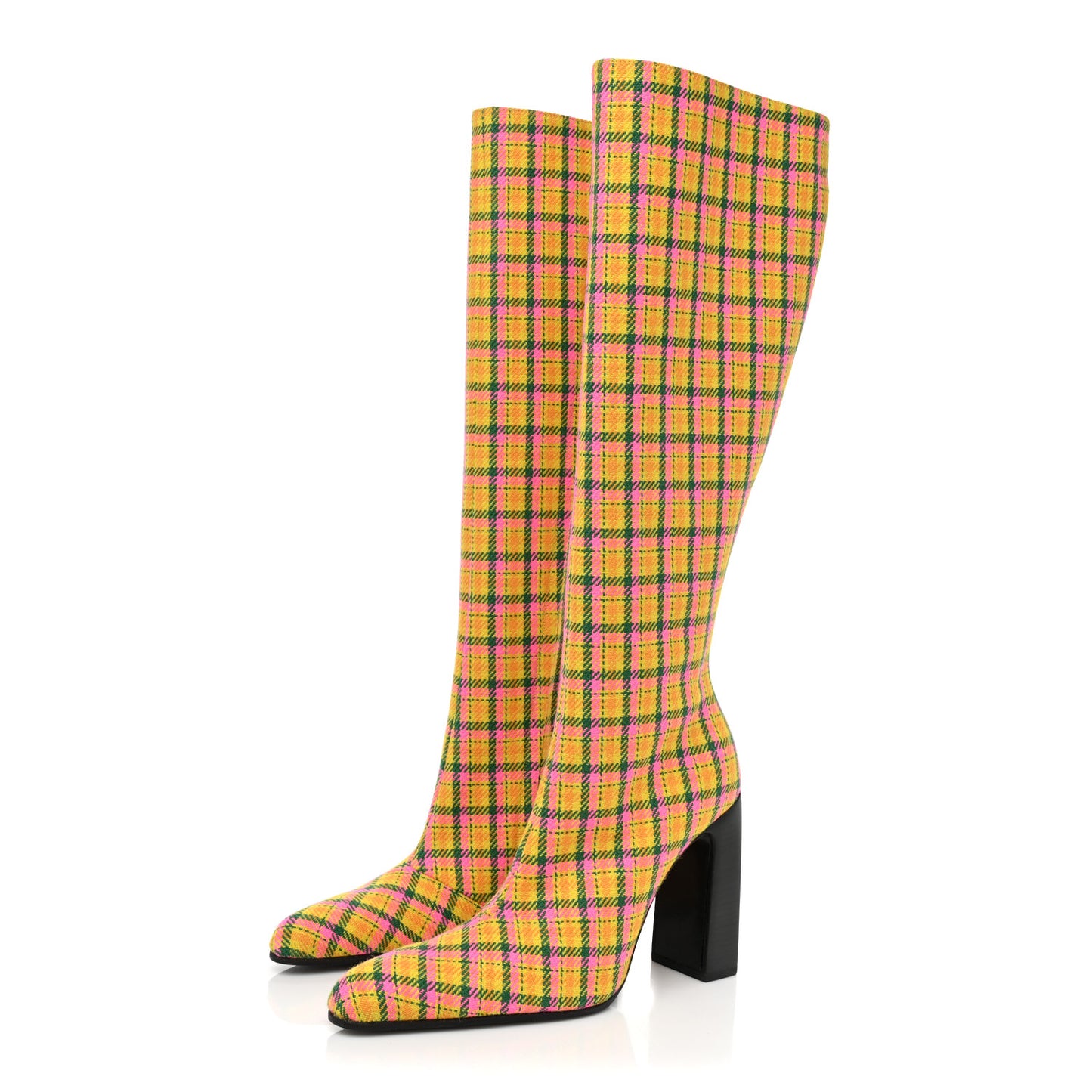 Wool Check Knee High Boots 38 Jaune Rose Fluo