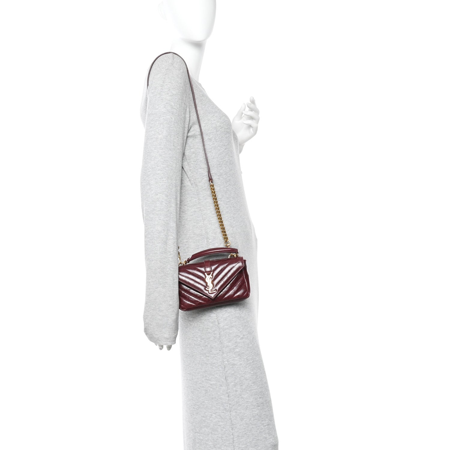 Saint Laurent Shiny Calfskin Matelasse Chevron Monogram Mini College Bag Deep Hot Wine 2 of 11
