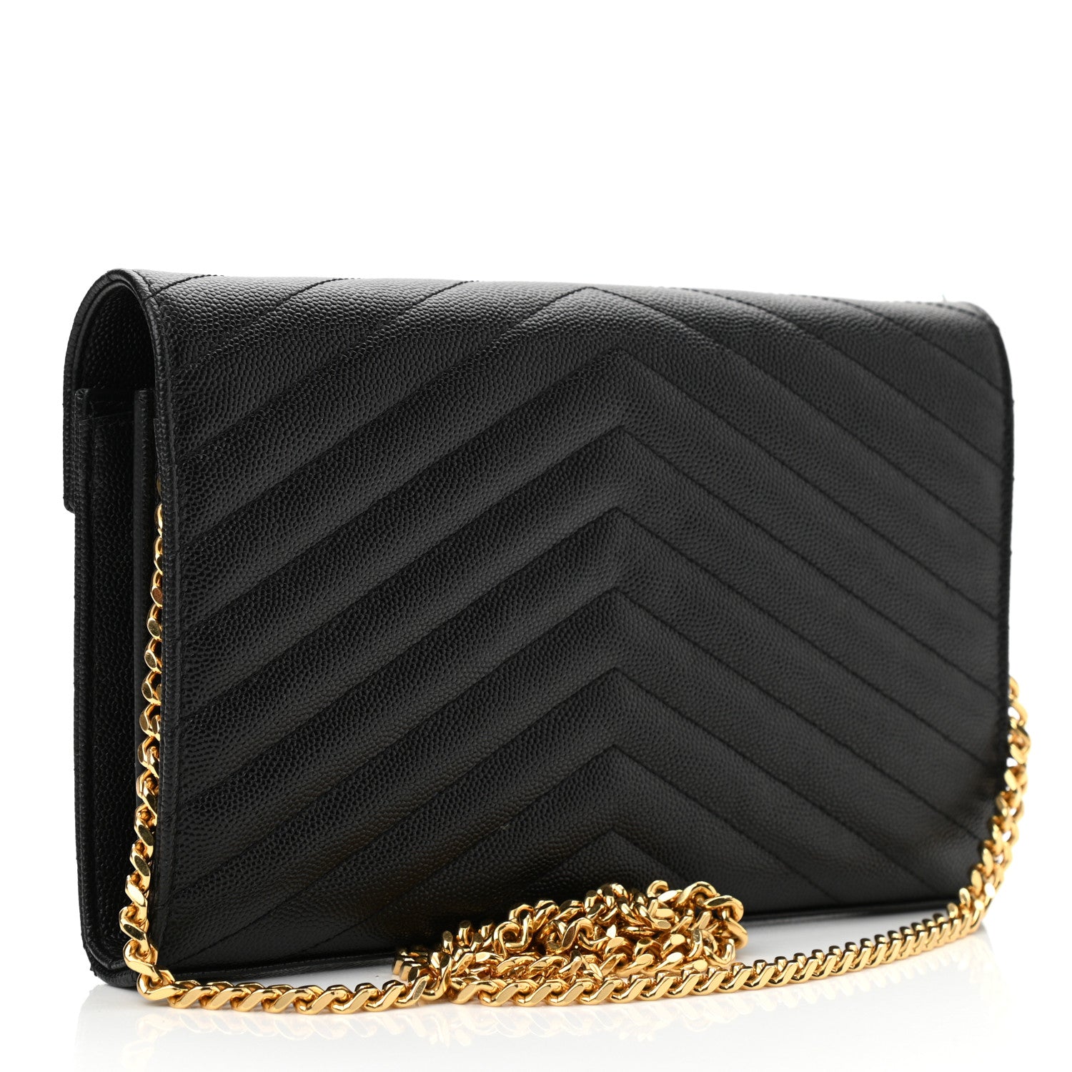 Saint Laurent Grain De Poudre Matelasse Chevron Monogram Chain Wallet Black 3 of 11