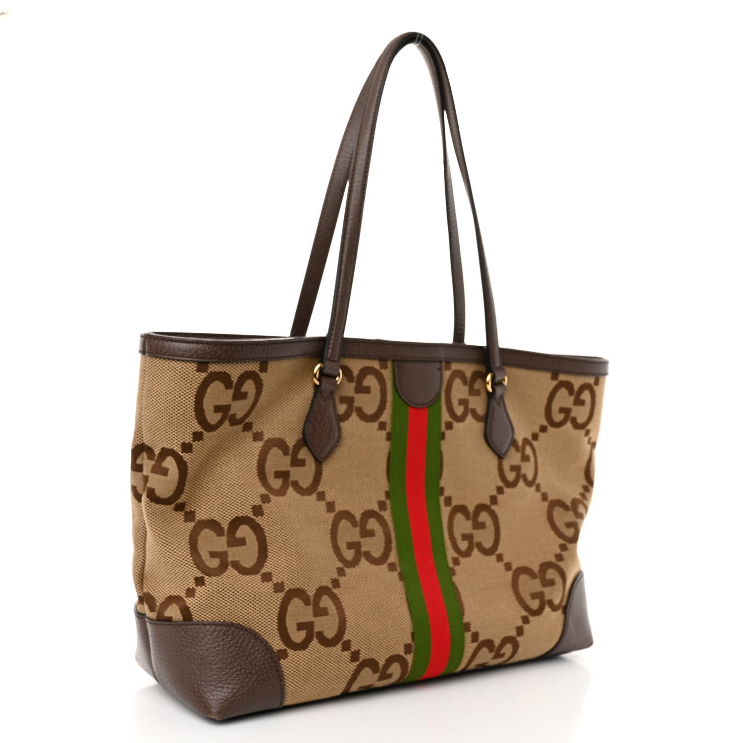 Gucci Monogram Jumbo GG Textured Dollar Calfskin Web Medium Ophidia Shopping Tote Camel Ebony 3 of 9
