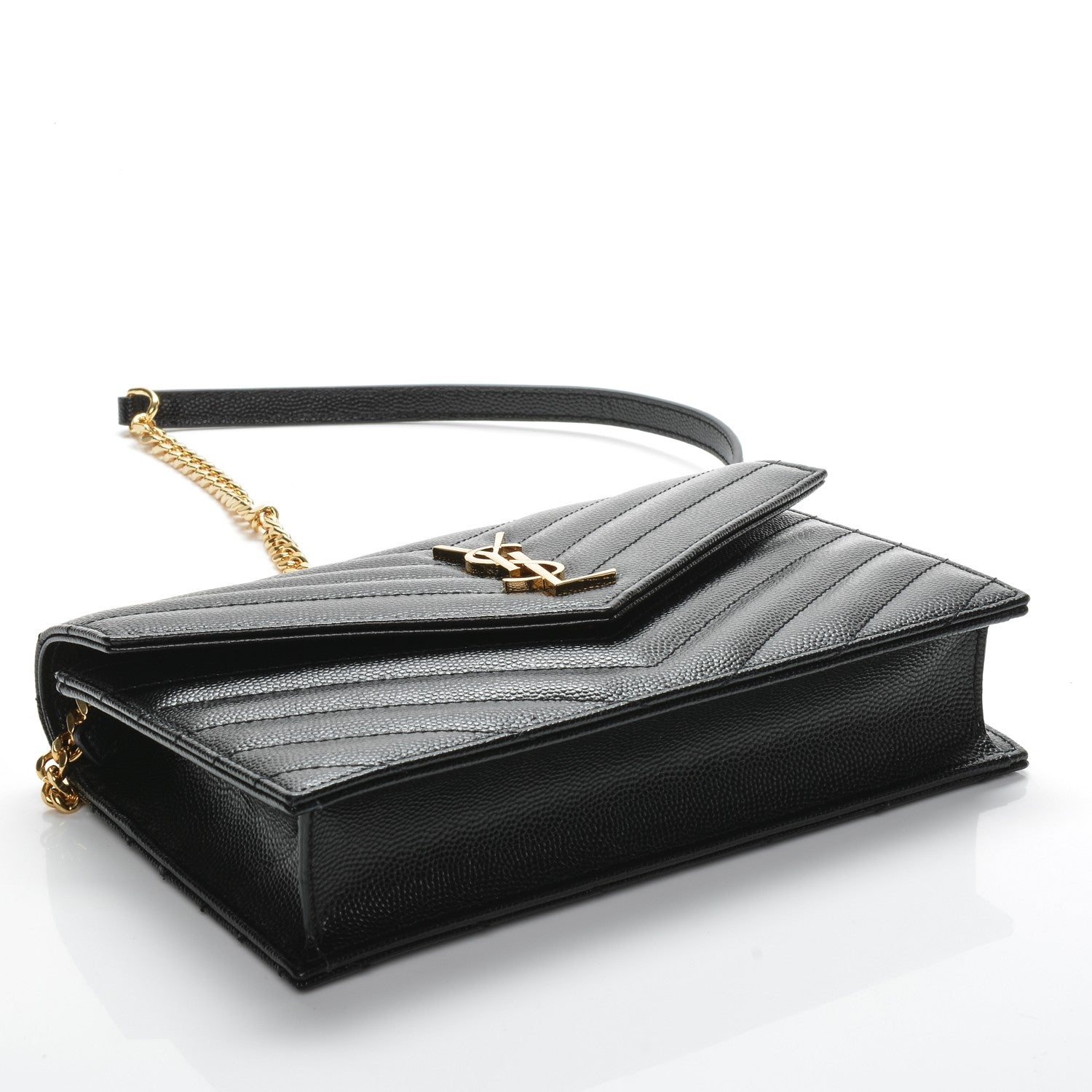 Saint Laurent Grain De Poudre Matelasse Chevron Monogram Envelope Chain Wallet Black 4 of 6