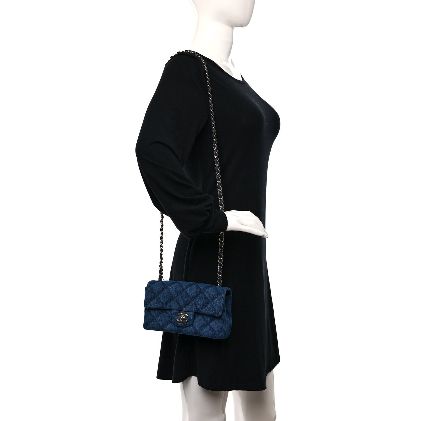 Printed Denim Quilted Mini Rectangular Flap Dark Blue