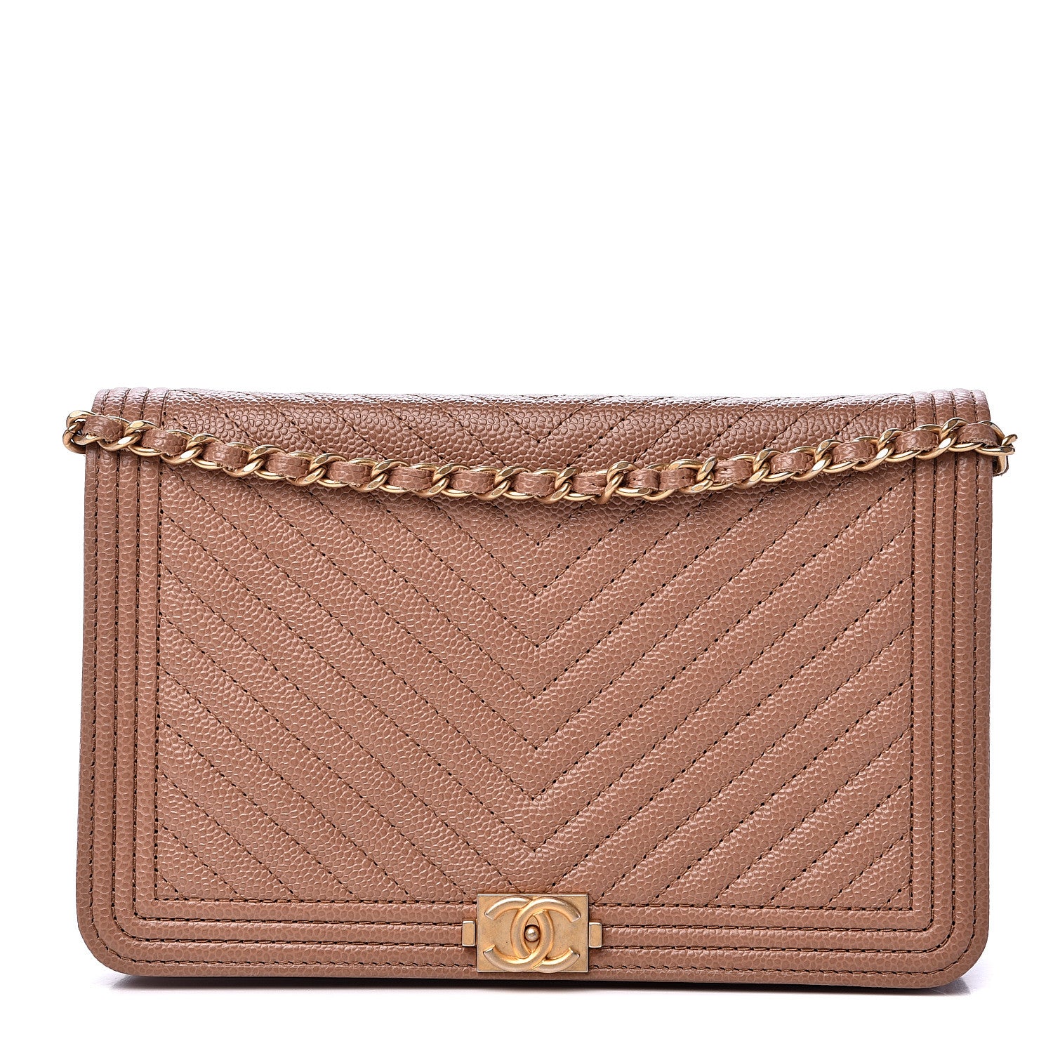 Chanel Caviar Chevron Quilted Boy Wallet On Chain WOC Dark Beige 1 of 12