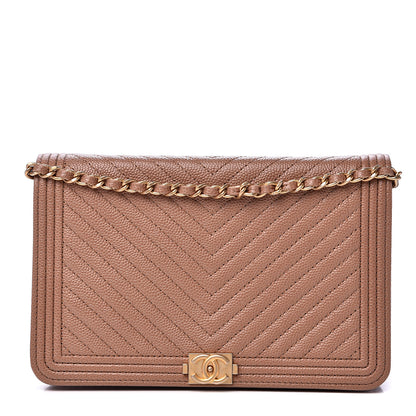 Chanel Caviar Chevron Quilted Boy Wallet On Chain WOC Dark Beige 1 of 12