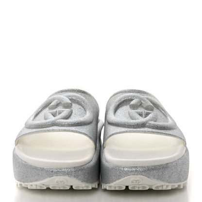 Gucci Glitter Rubber Womens Interlocking G Platform 42mm Slide Sandals 37 Silver 2 of 9