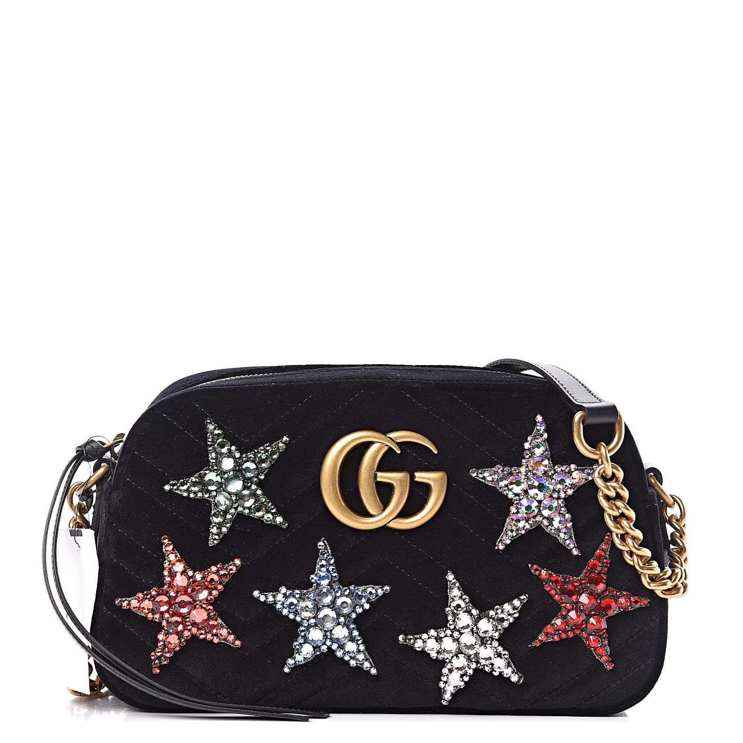 Velvet Matelasse Crystal Star Embroidered Small GG Marmont Chain Shoulder Bag Black