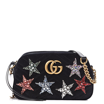 Gucci Velvet Matelasse Crystal Star Embroidered Small GG Marmont Chain Shoulder Bag Black 1 of 9