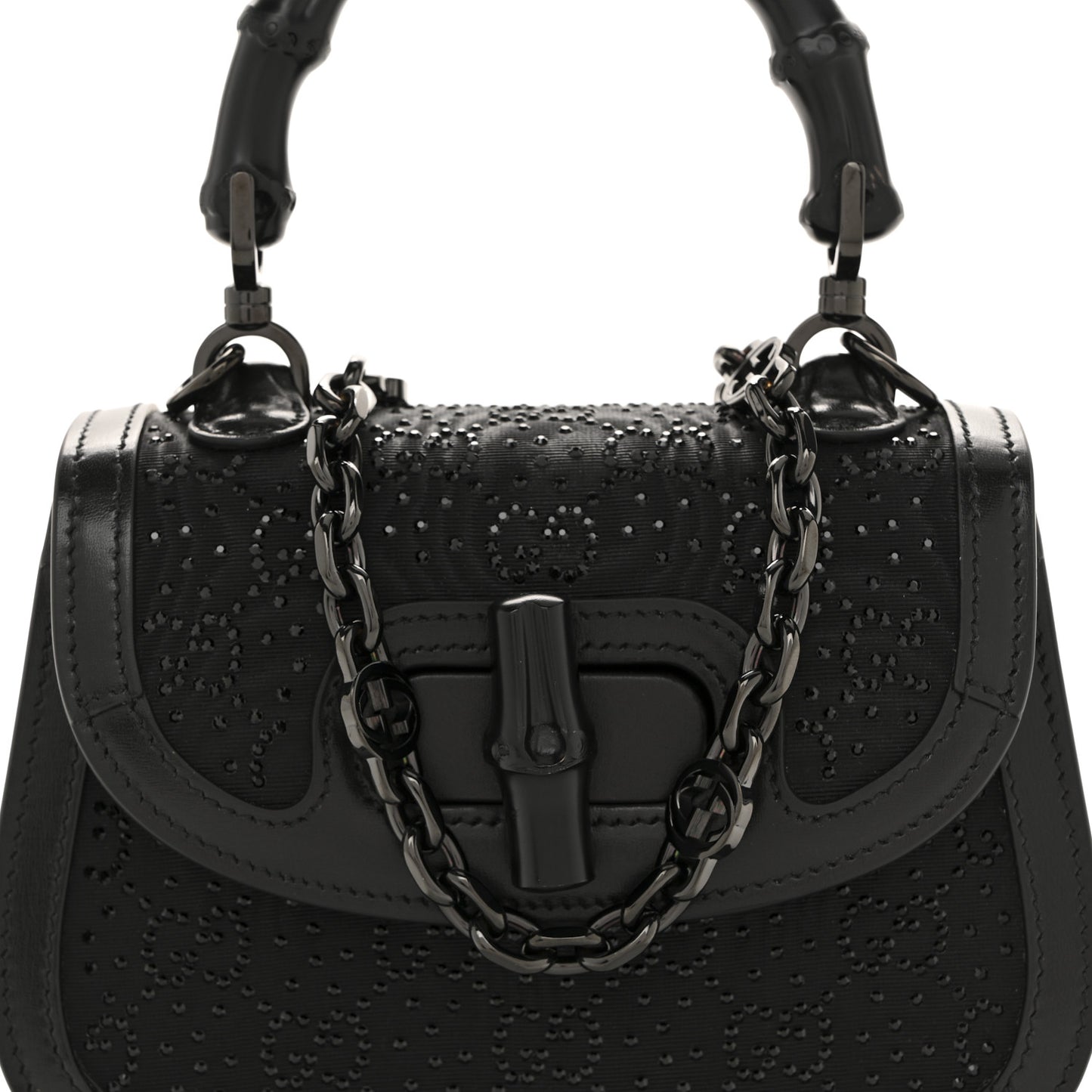 Moire Fabric Calfskin Rhinestone Monogram Monochrome Mini Bamboo 1947 Top Handle Chain Bag Black