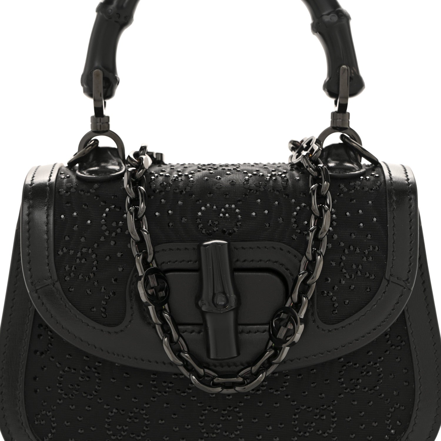 Gucci Moire Fabric Calfskin Rhinestone Monogram Monochrome Mini Bamboo 1947 Top Handle Chain Bag Black 8 of 12