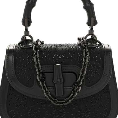 Gucci Moire Fabric Calfskin Rhinestone Monogram Monochrome Mini Bamboo 1947 Top Handle Chain Bag Black 8 of 12