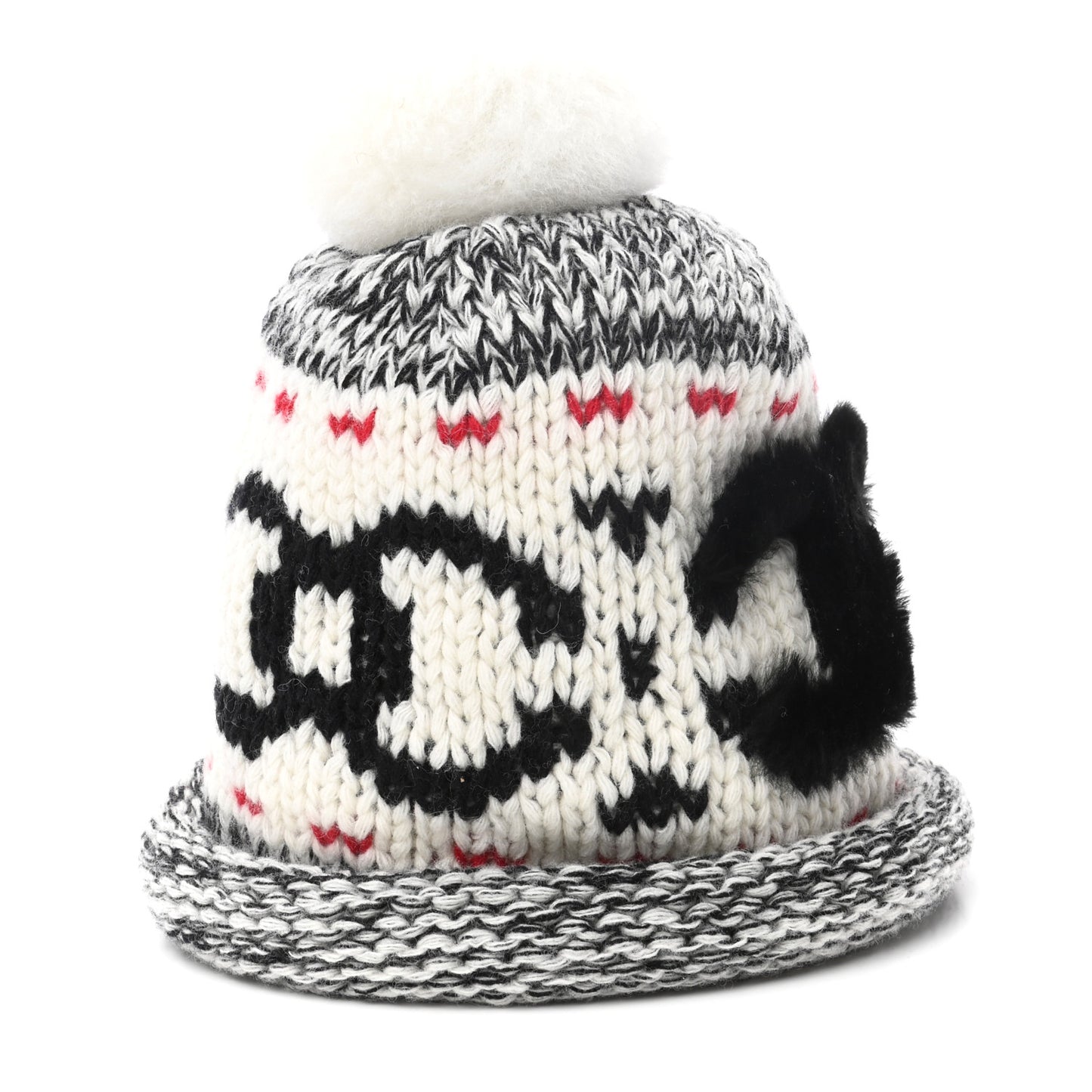 Wool Shearling CC Beanie Hat Ivory Black Red