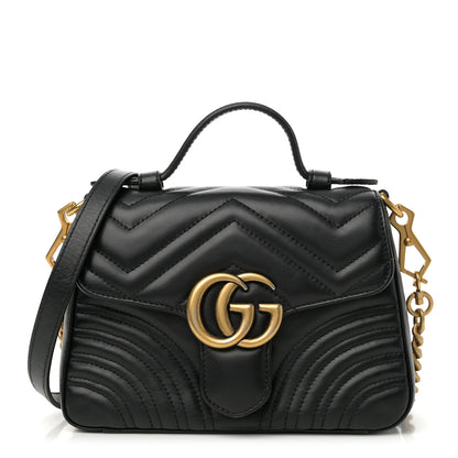 Gucci Calfskin Matelasse Mini GG Marmont Top Handle Shoulder Bag Black 1 of 12