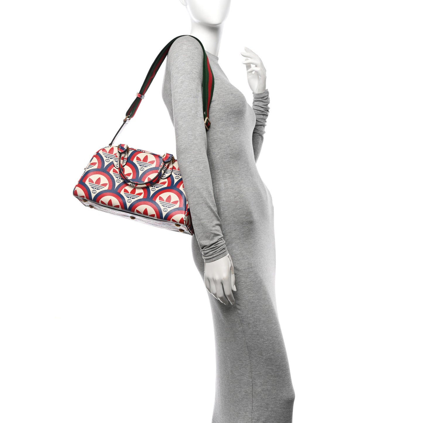 X ADIDAS Shangai Calfskin Web Trefoil Interlocking G Mini Duffle Bag Red White Blue