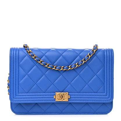 Chanel Lambskin Quilted Boy Wallet On Chain WOC Blue 1 of 15