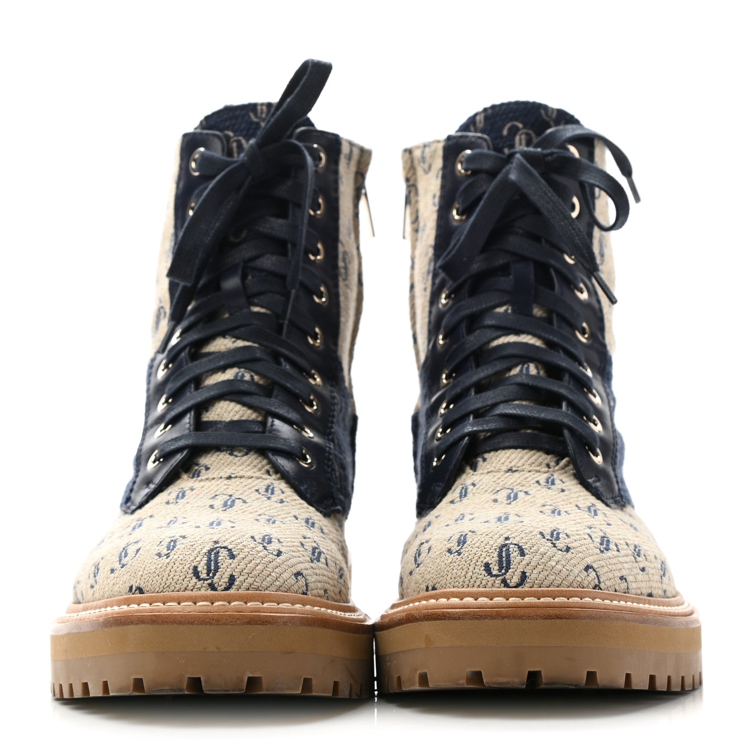 Jimmy Choo Jacquard Monogram Calfskin Cora Flat Combat Boots 39 Sand Dune 2 of 9