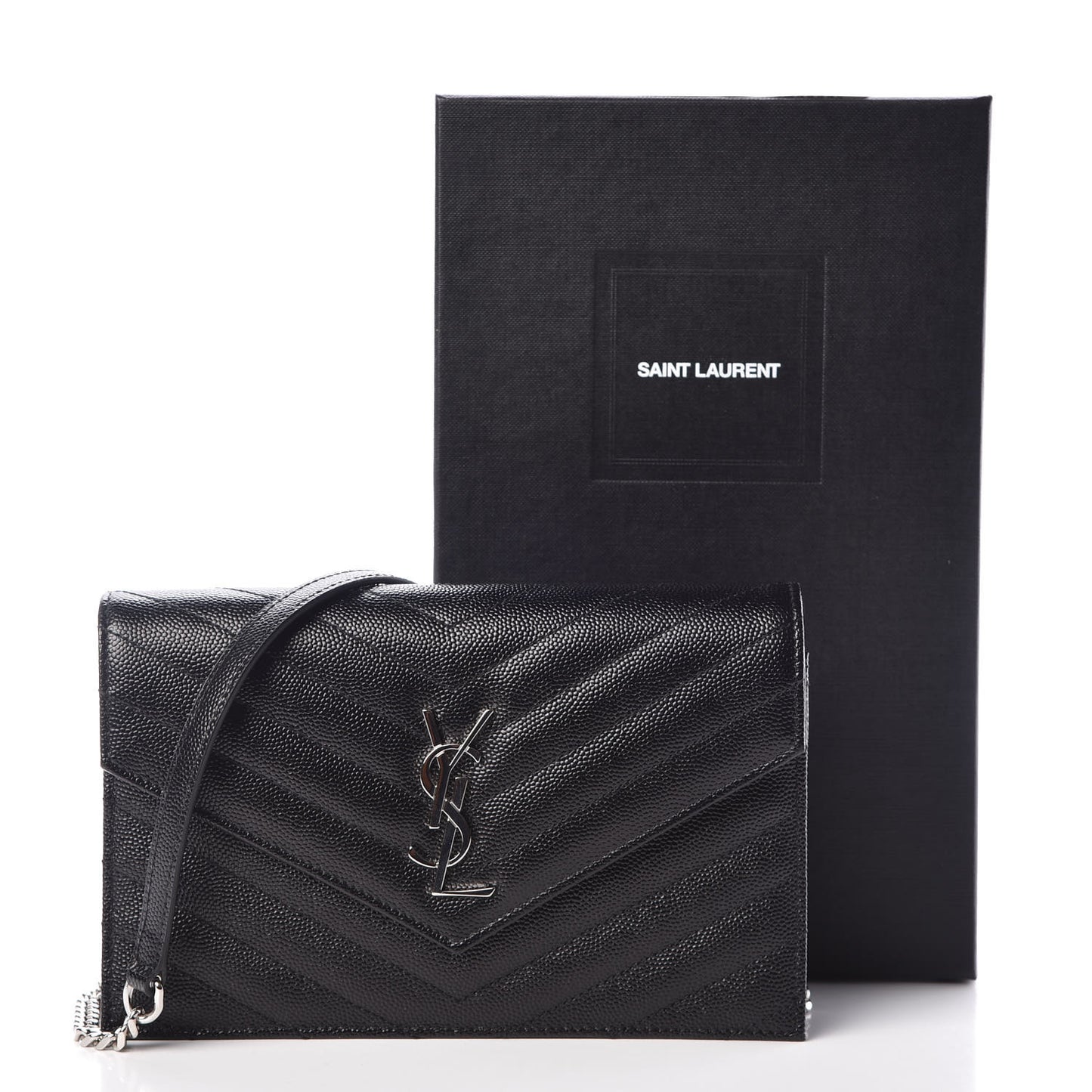 Grain De Poudre Matelasse Chevron Monogram Envelope Chain Wallet Black