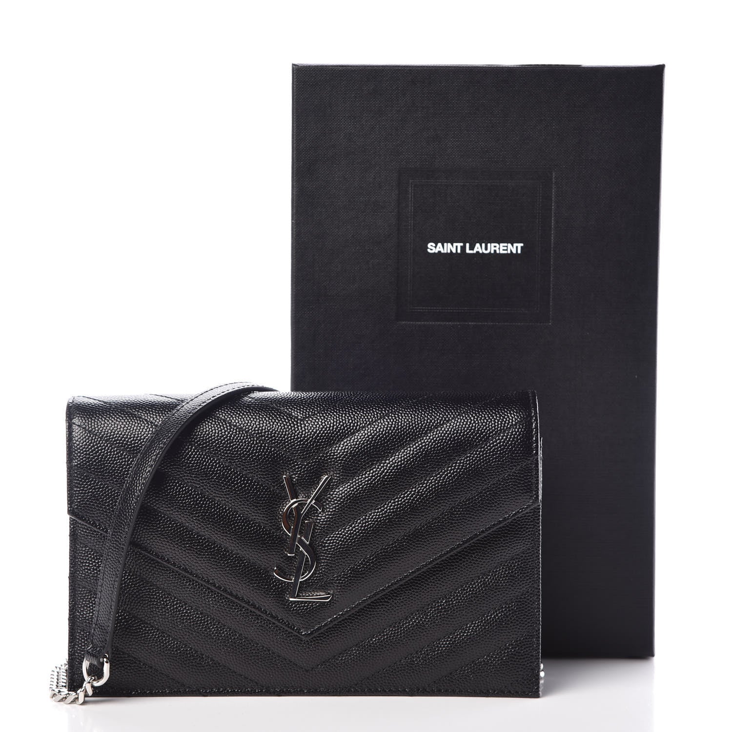 Saint Laurent Grain De Poudre Matelasse Chevron Monogram Envelope Chain Wallet Black 9 of 9