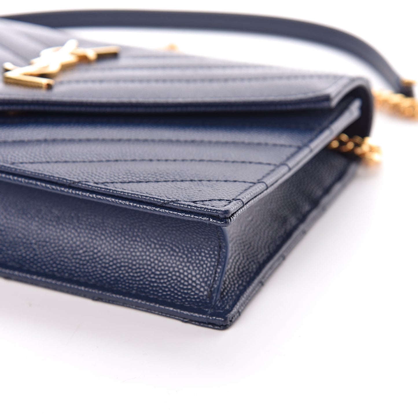 Grain De Poudre Matelasse Chevron Monogram Envelope Chain Wallet Navy