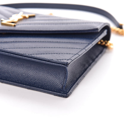Saint Laurent Grain De Poudre Matelasse Chevron Monogram Envelope Chain Wallet Navy 8 of 10