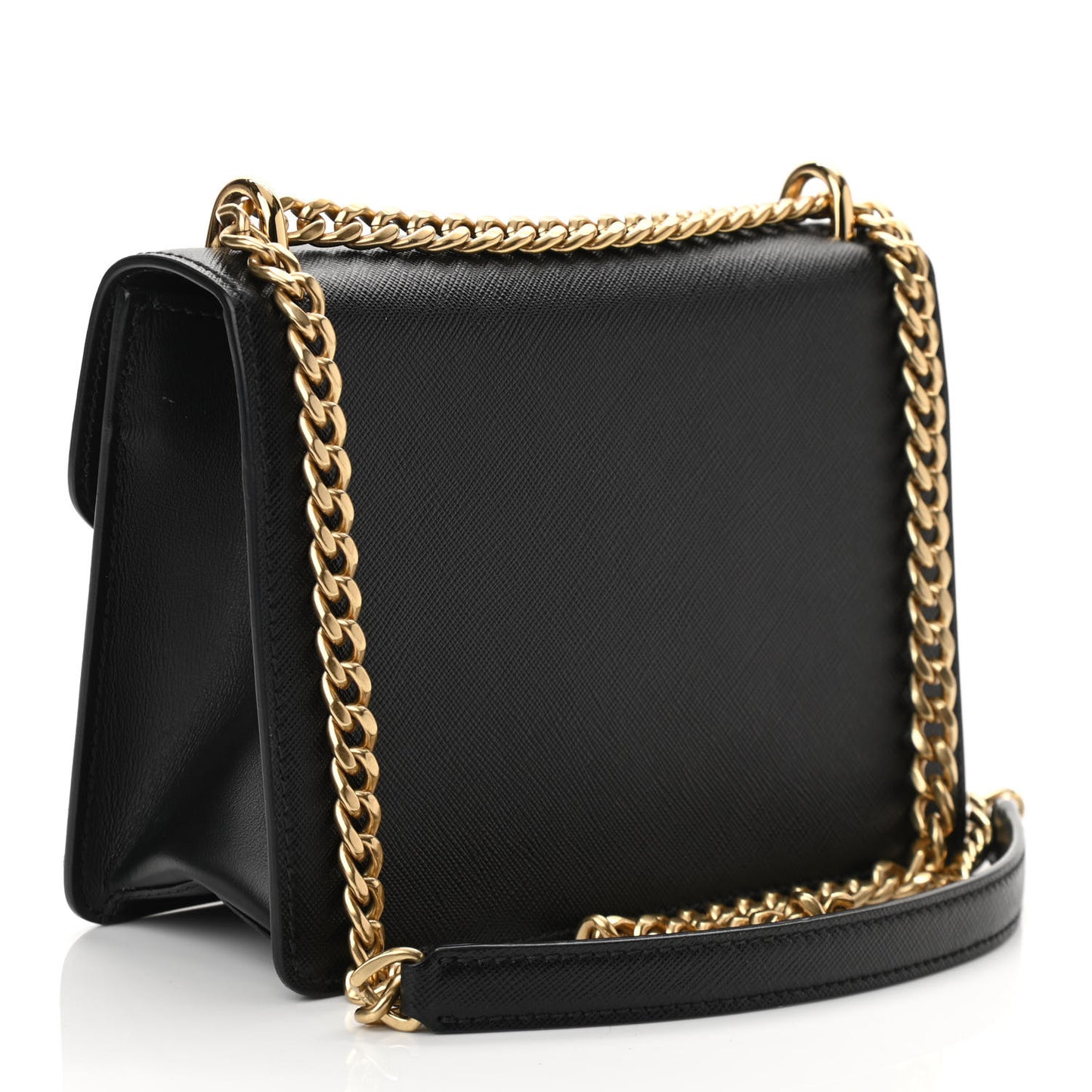 Saffiano Soft Calfskin Metal Triangle Logo Envelope Chain Shoulder Bag Black