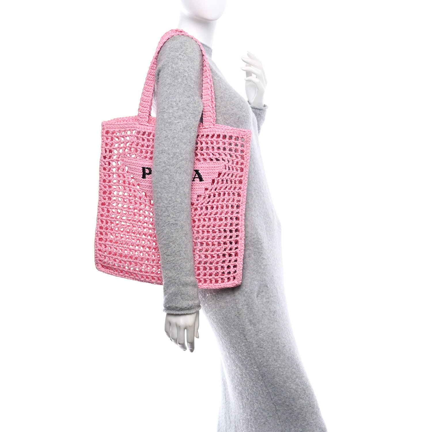 Prada Yarn Raffia Effect Crochet Logo Embroidered Tote Bag Petalo 2 of 9