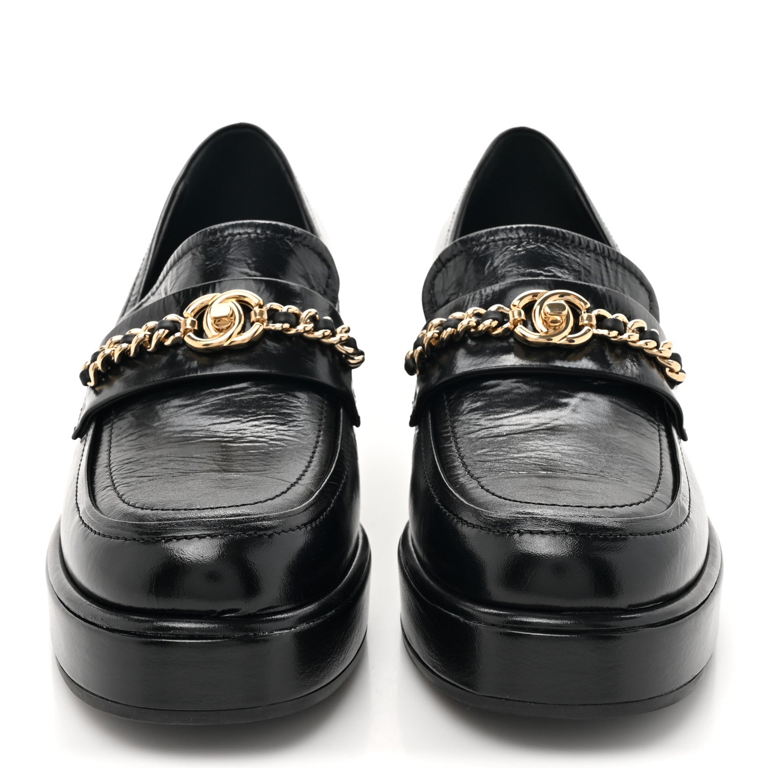 Chanel Shiny Calfskin Logo Loafers 38 Black 2 of 9