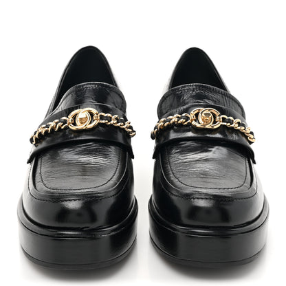 Chanel Shiny Calfskin Logo Loafers 38 Black 2 of 9